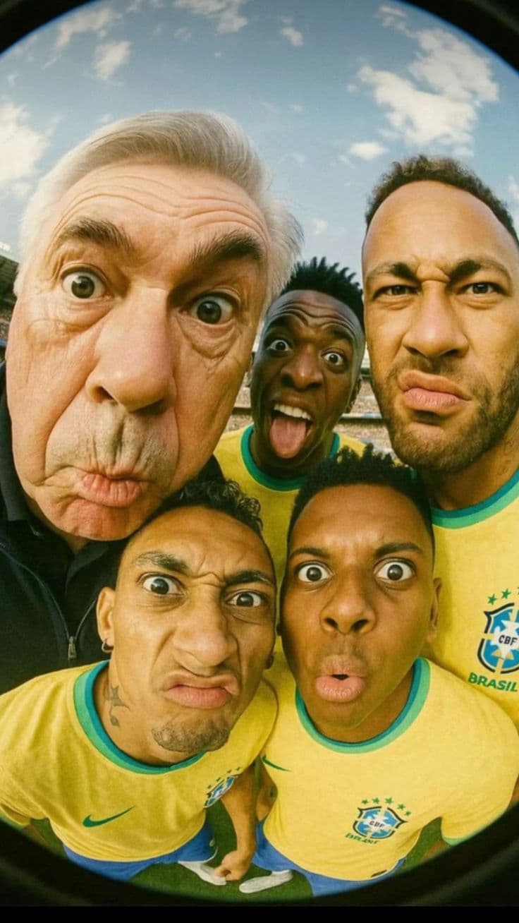 Brazil national team players pulling exaggerated faces for a fisheye selfie
